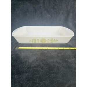 Pyrex Green Floral 232-B 8x11 Bake Dish Vintage Milk Glass Made in USA